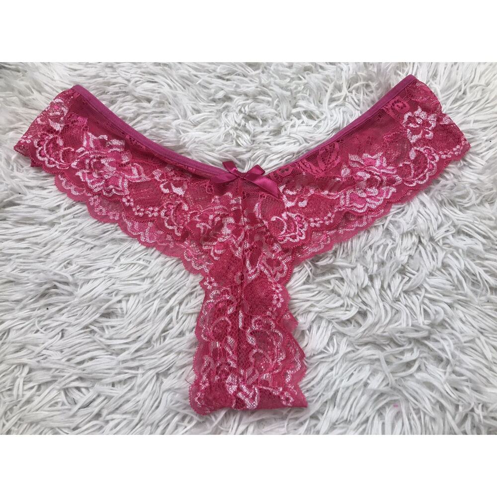 Rare Women's Bow Waistband Sheer Floral Lace Ruffle Thong Hot Pink Floral XL